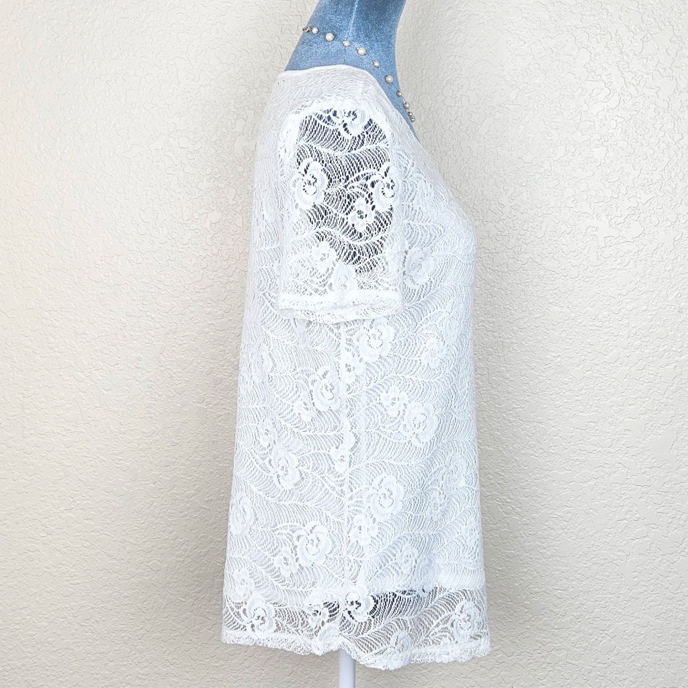 Leo & Nicole Ivory Lace Overlay Scoop Neck Short Sleeve Jersey Knit Top Womens M - Picture 2 of 7
